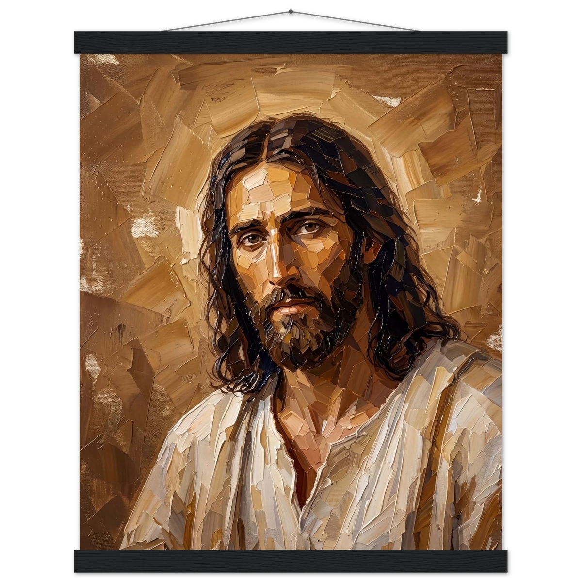 Kind Eyes: jesus, faith and serene gaze. Fine art poster with wooden hanger by The Light Stays.