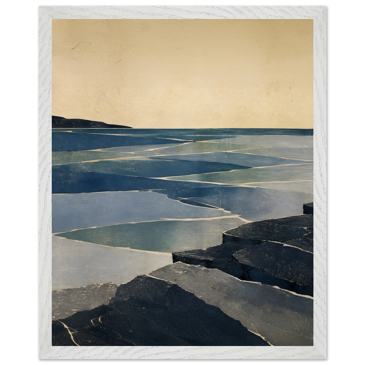 Indigo Tide: coastal landscape, jade water and japandi. Framed fine art print by The Light Stays.
