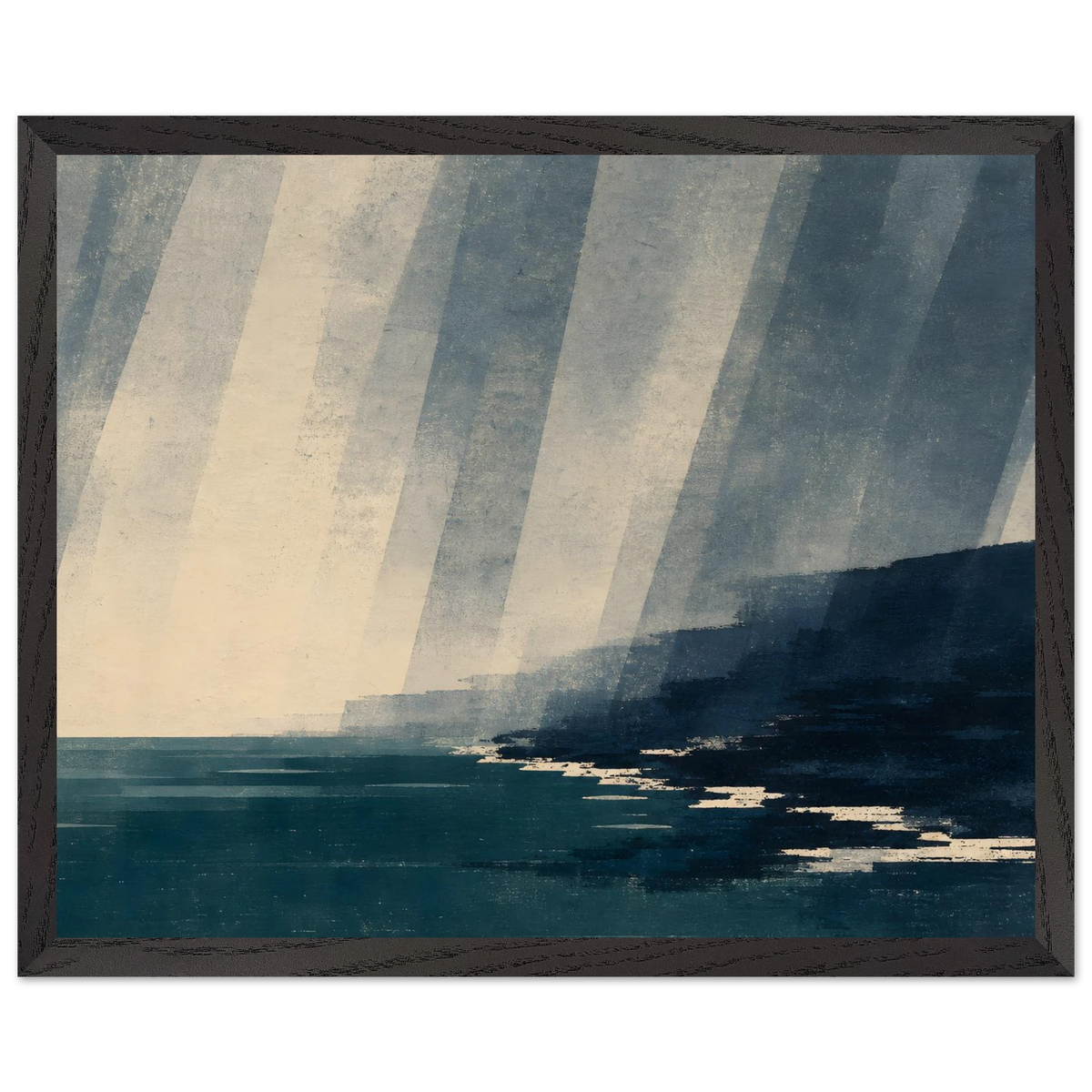 Rain Coast: japandi, teal blue and atmosphere. Framed fine art print by The Light Stays.