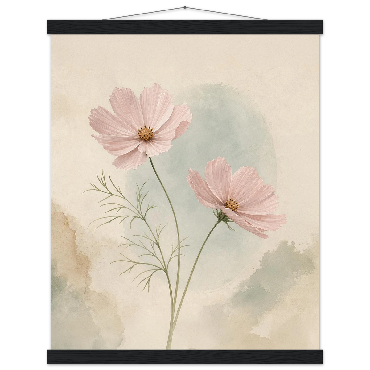 Cosmos Unison: flowers, blush and celadon. Fine art poster with wooden hanger by The Light Stays.