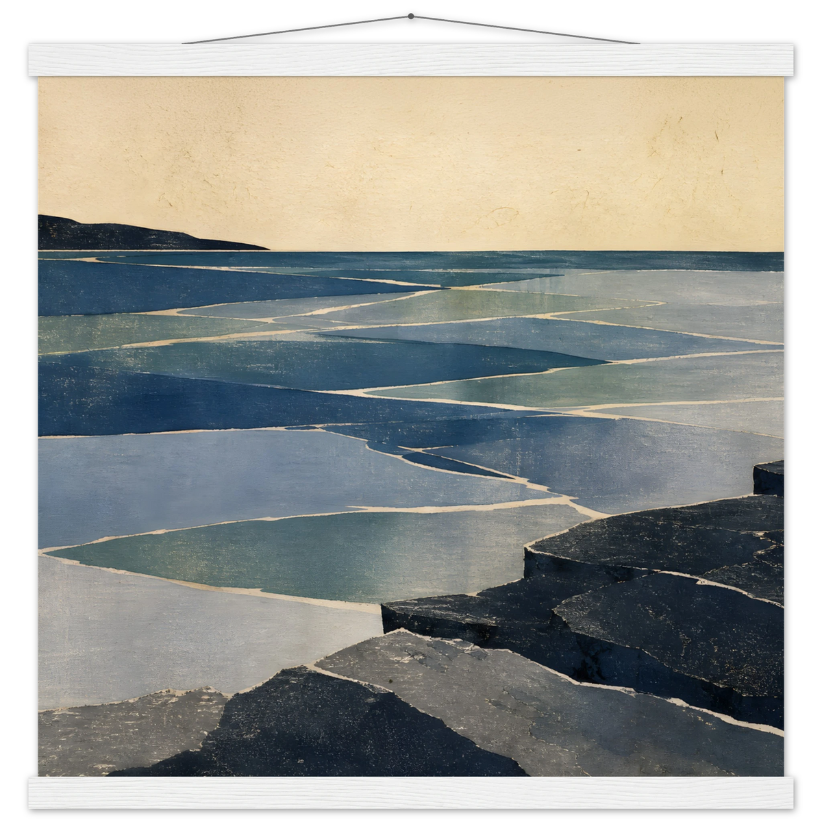Indigo Tide: coastal landscape, jade water and japandi. Fine art poster with wooden hanger by The Light Stays.