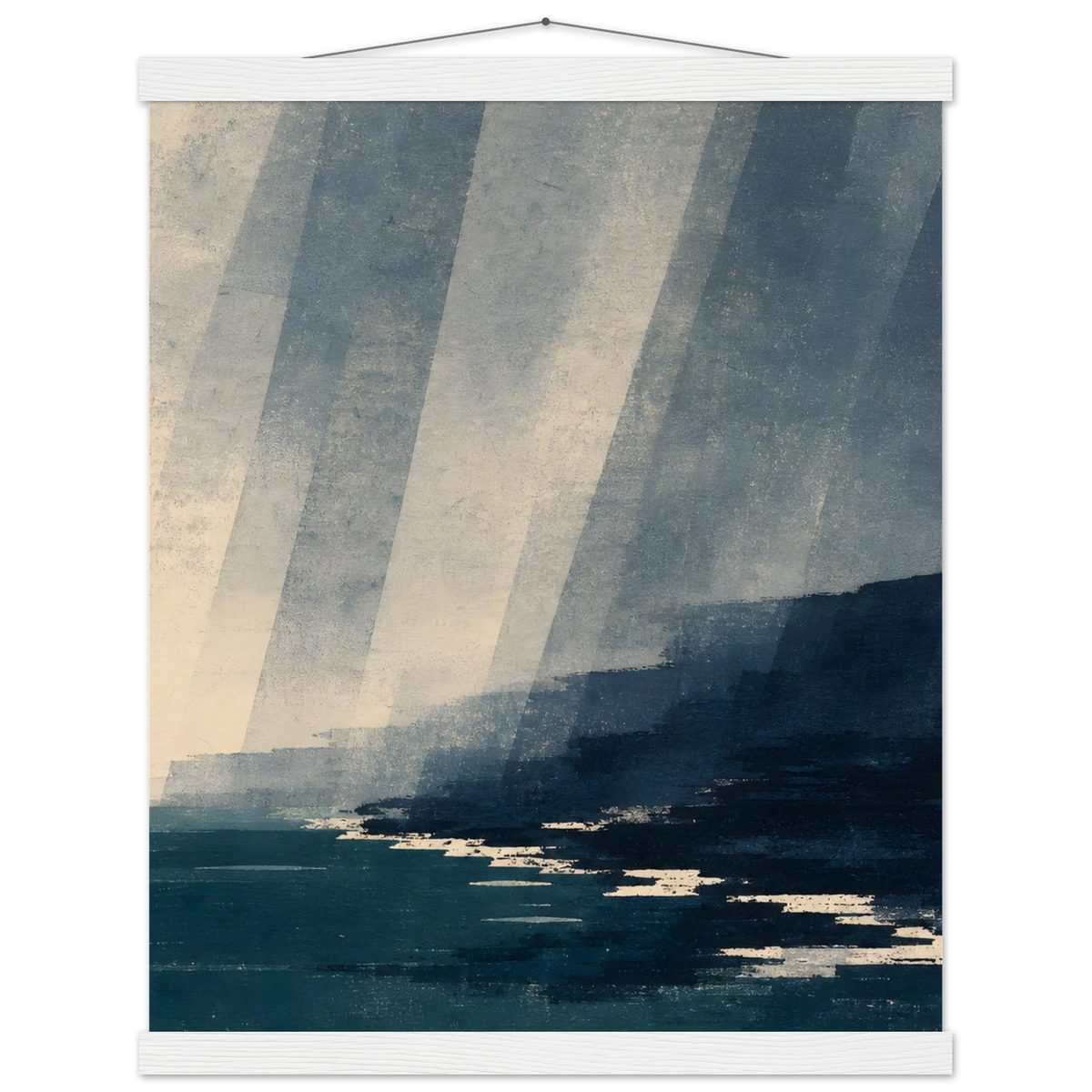 Rain Coast: japandi, teal blue and atmosphere. Fine art poster with wooden hanger by The Light Stays.