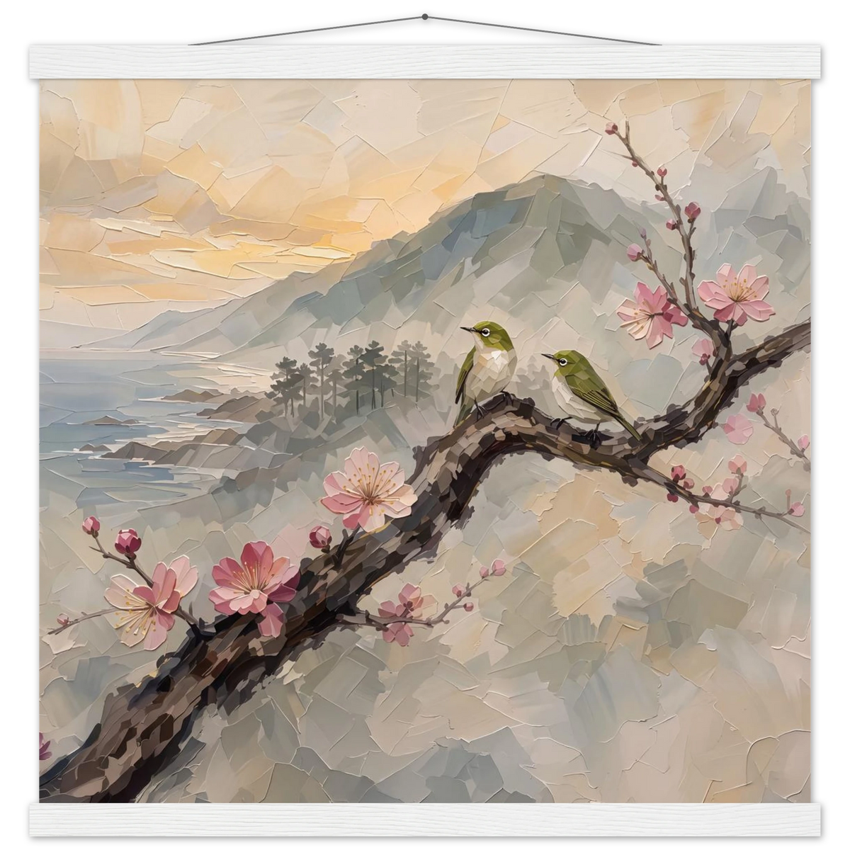 Plum Branch Pair: birds, japanese landscape and japandi. Fine art poster with wooden hanger by The Light Stays.
