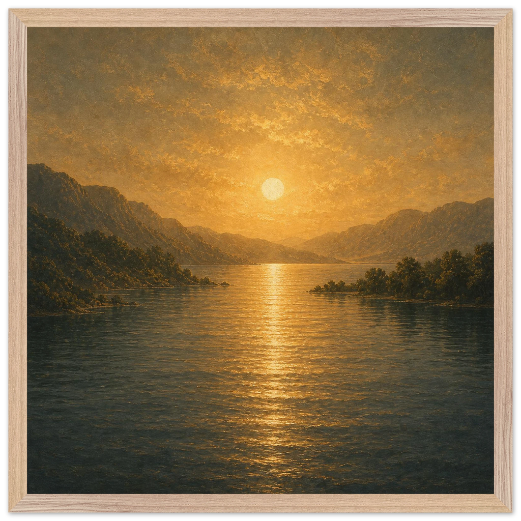 Quadro emoldurado Reflexo Dourado, lago e montanhas sob luz dourada