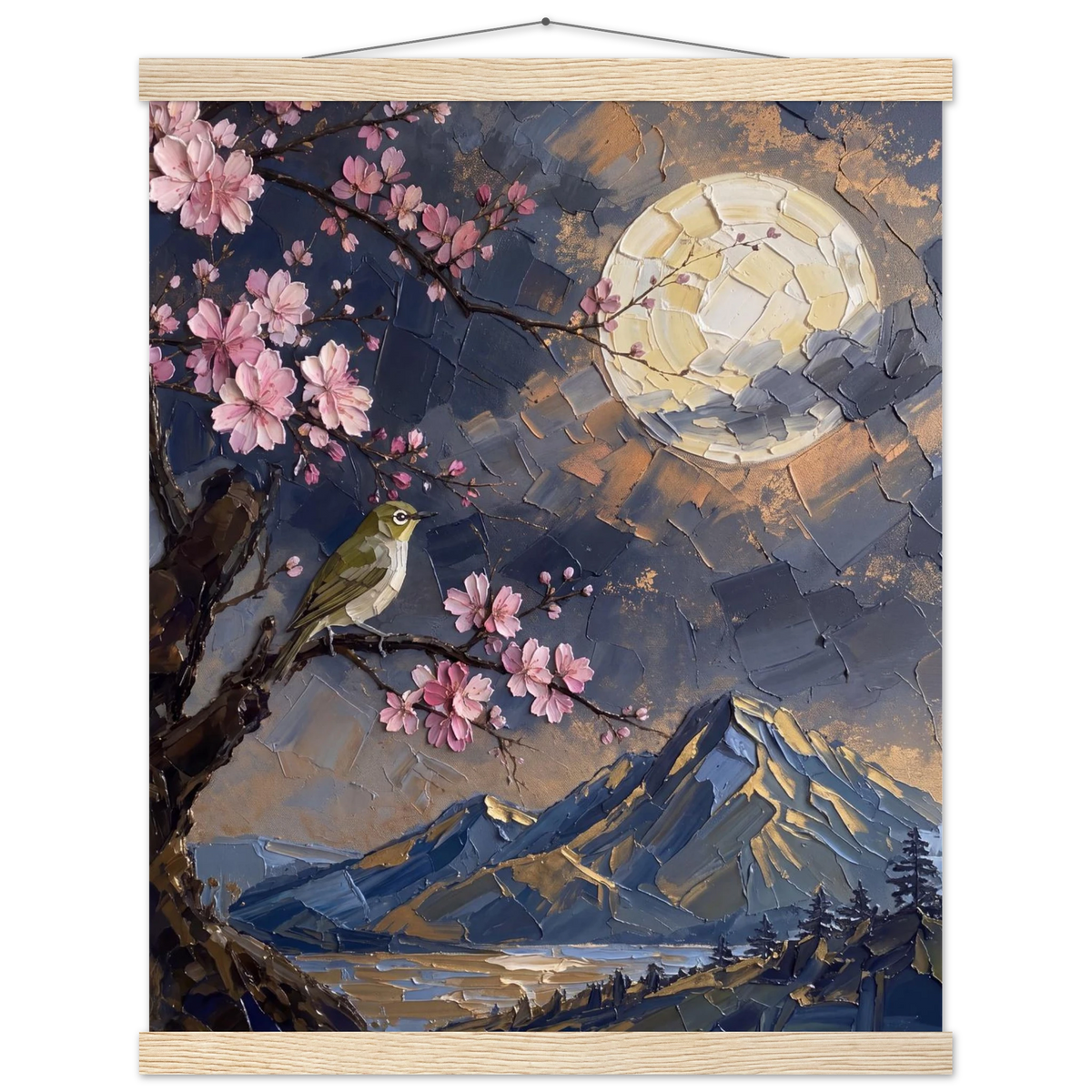 Blossom Moon: cherry blossom, japanese landscape and night. Fine art poster with wooden hanger by The Light Stays.