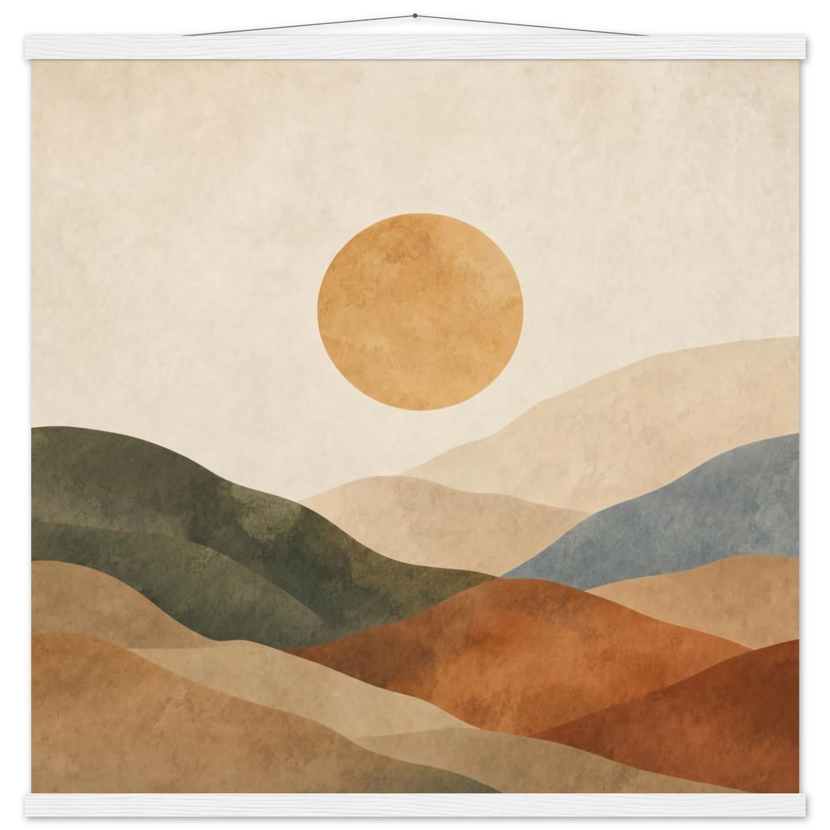 Kindled Earth: sun, hills and ochre palette. Fine art poster with wooden hanger by The Light Stays.