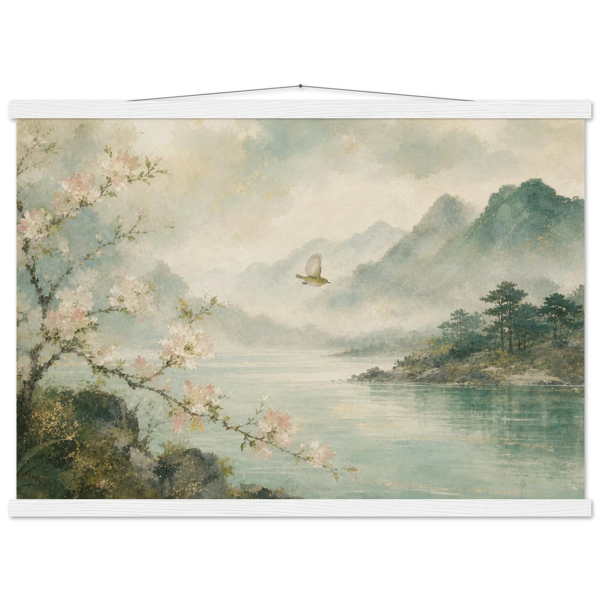 Celadon Flight: birds, japanese landscape and japandi. Fine art poster with wooden hanger by The Light Stays.