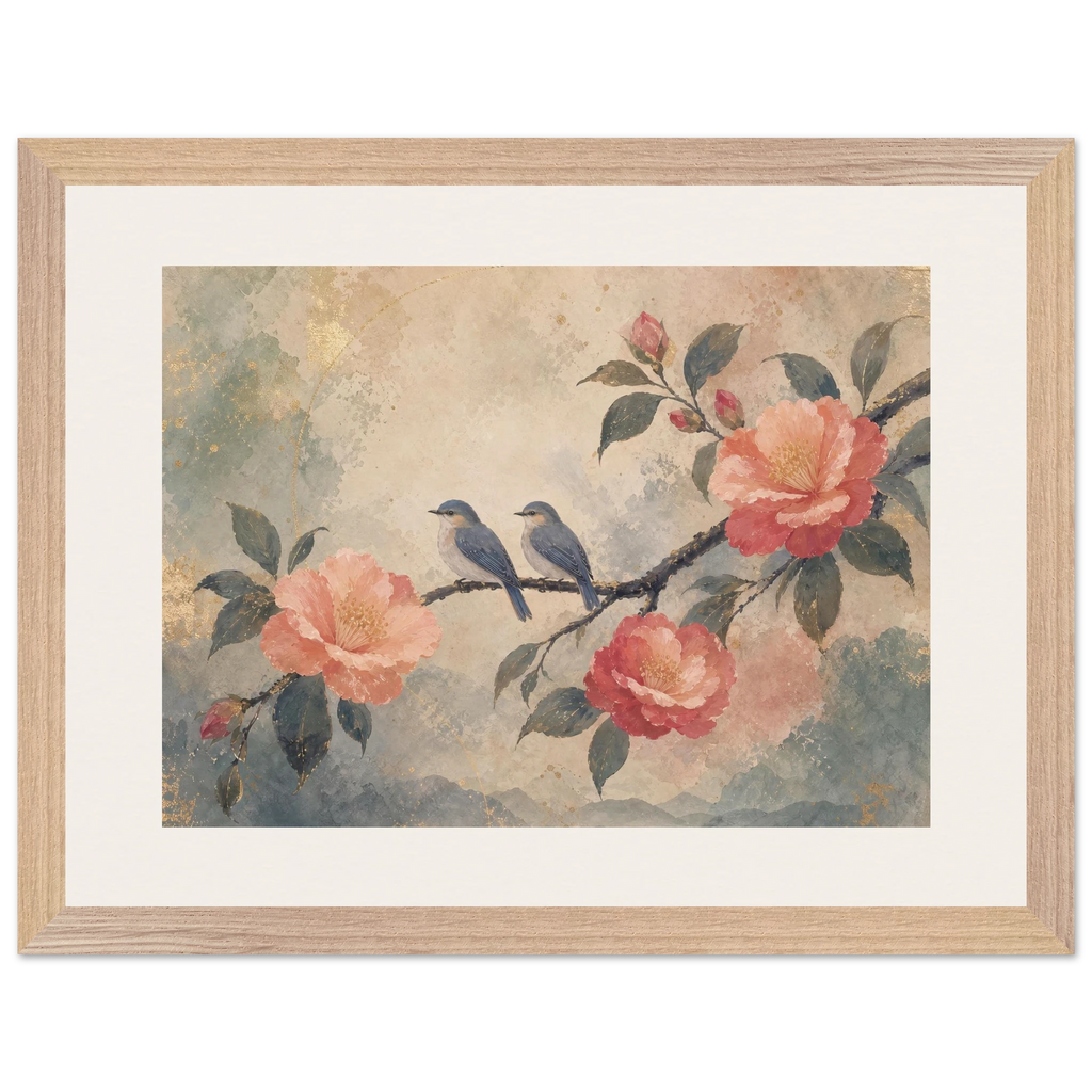 Camellia Birds: flowers and botanical. Museum-quality framed fine art print.