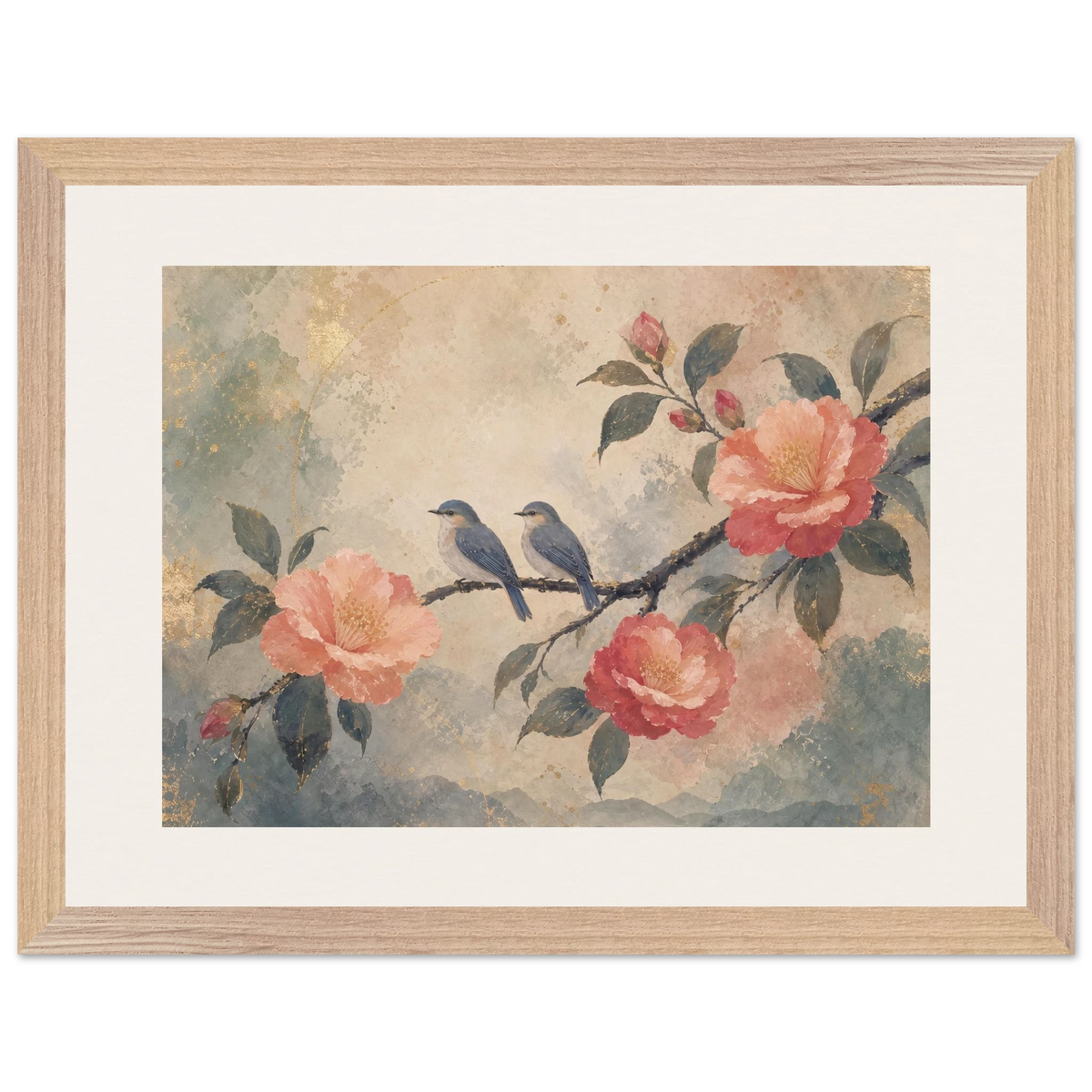 Camellia Birds: flowers and botanical. Museum-quality framed fine art print.