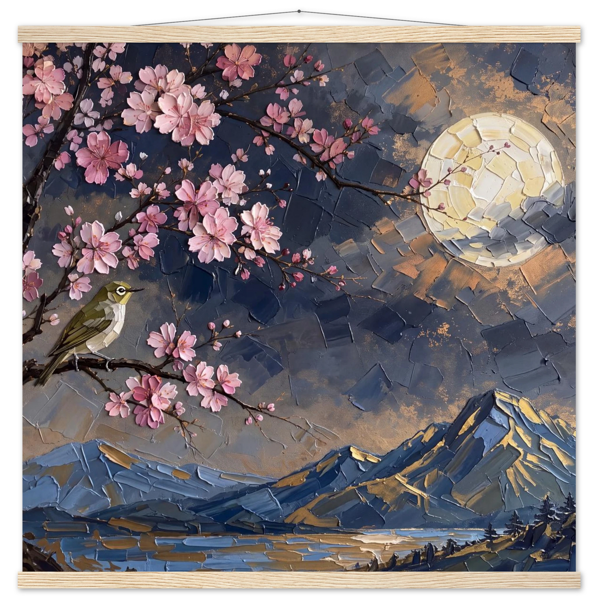 Blossom Moon: cherry blossom, japanese landscape and night. Fine art poster with wooden hanger by The Light Stays.