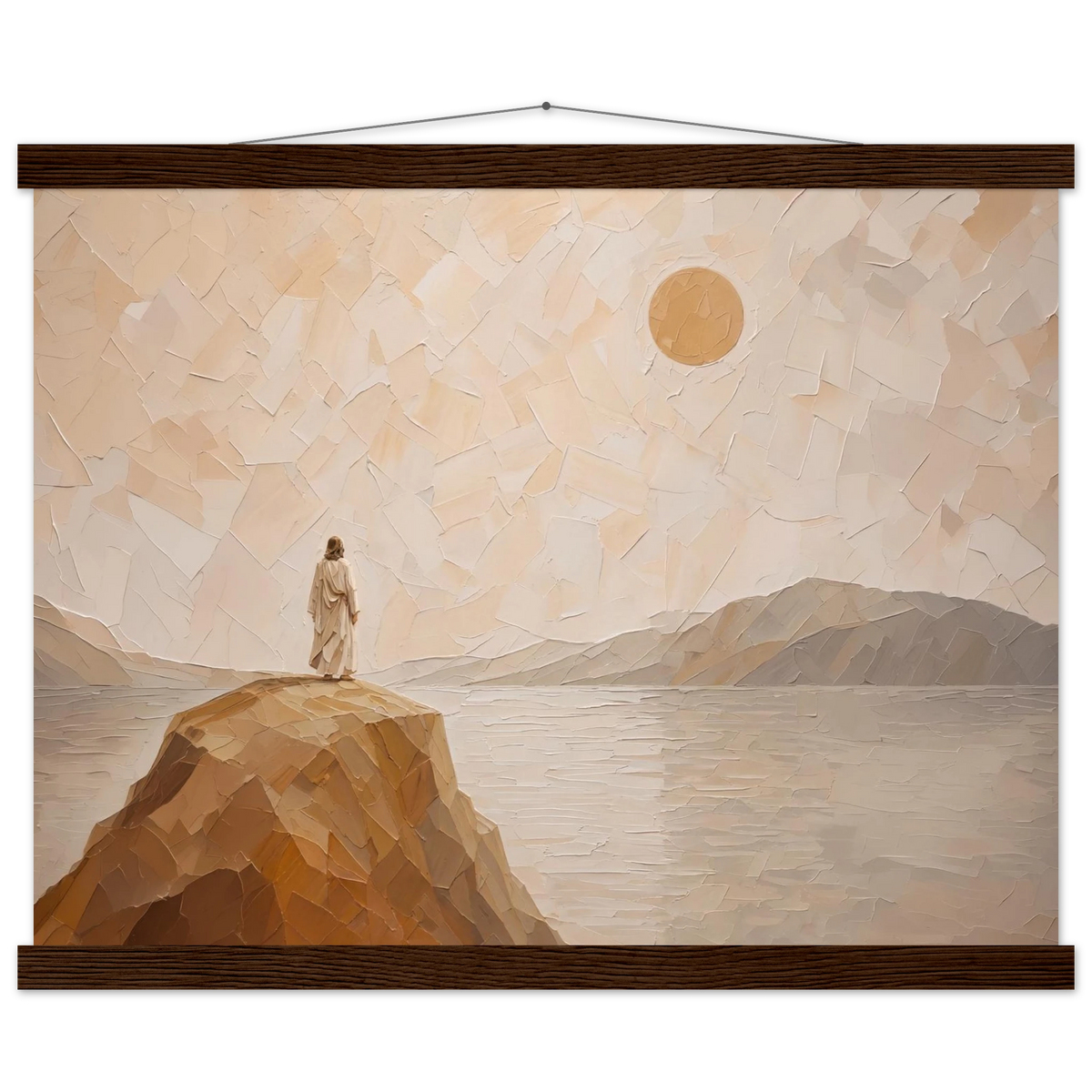 Salt Shore: jesus, cliff and sea. Fine art poster with wooden hanger by The Light Stays.