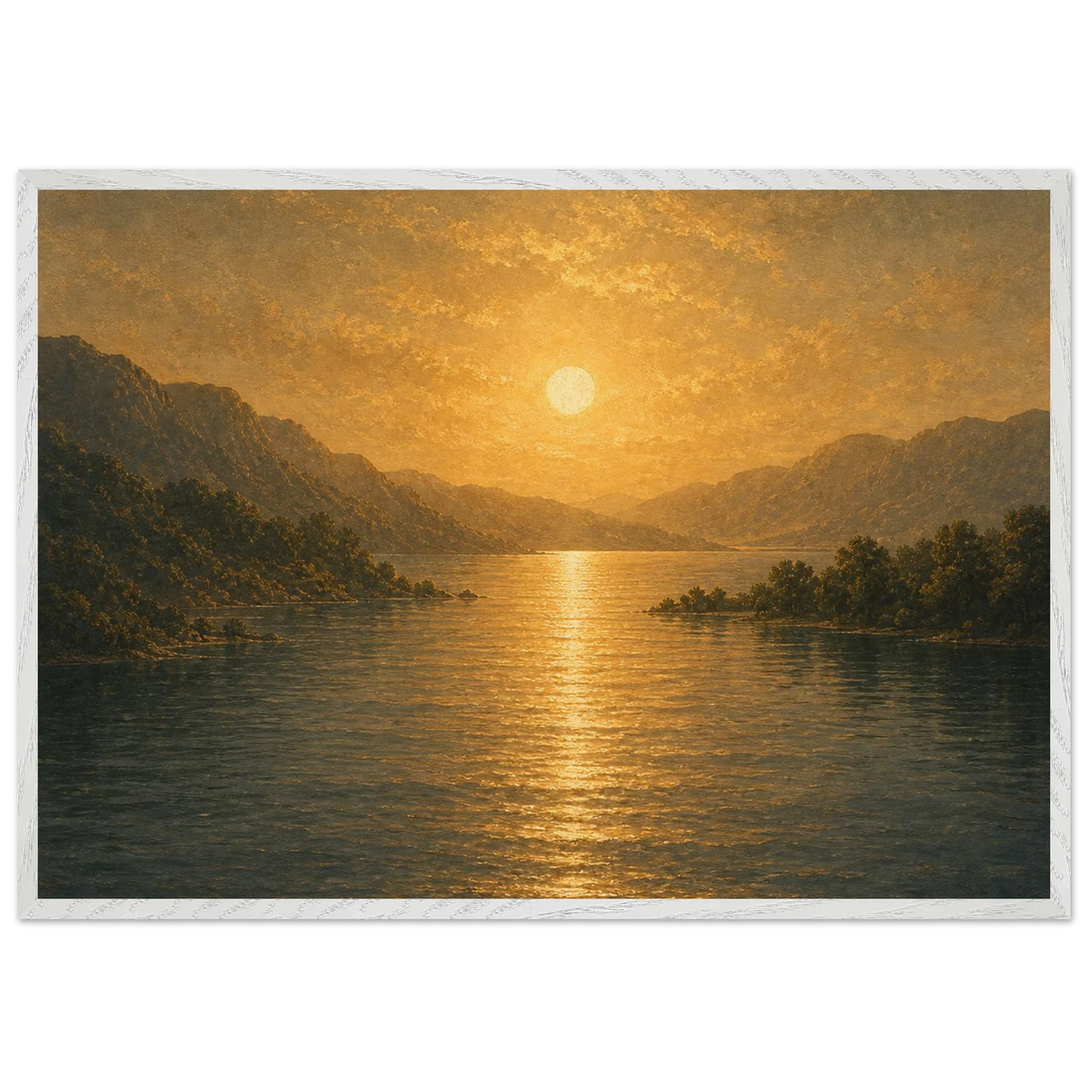 Golden Reflection: lake, sunset and mountains. Framed fine art print by The Light Stays.