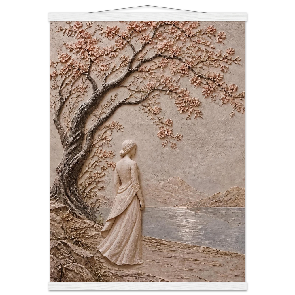 Spring Walk, impasto, lake and blossoming tree. Archival fine art poster shown framed.
