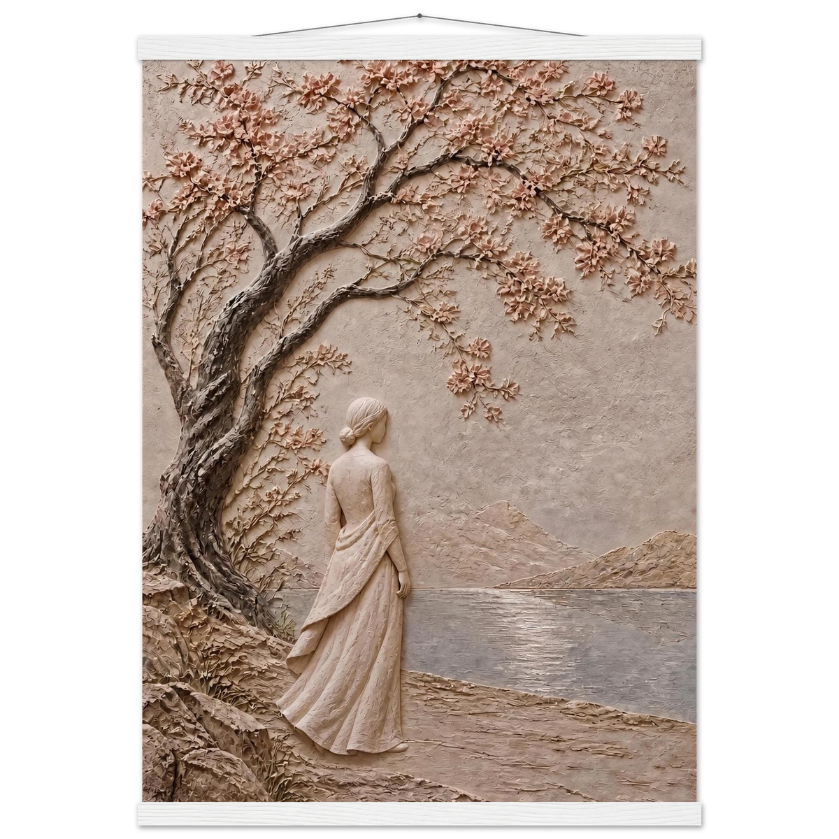 Spring Walk, impasto, lake and blossoming tree. Archival fine art poster shown framed.
