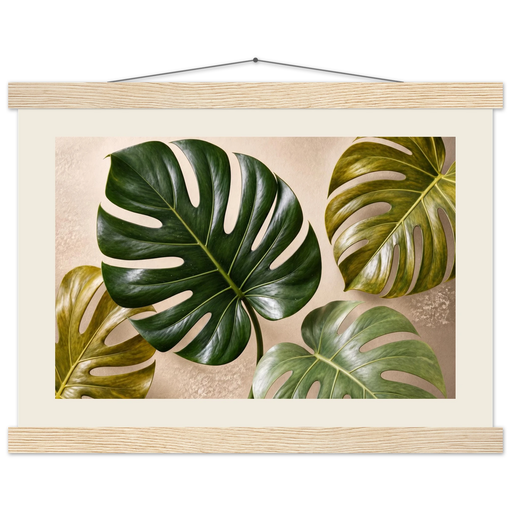 Four Greens: leaves, vivid green and impasto. Fine art poster.