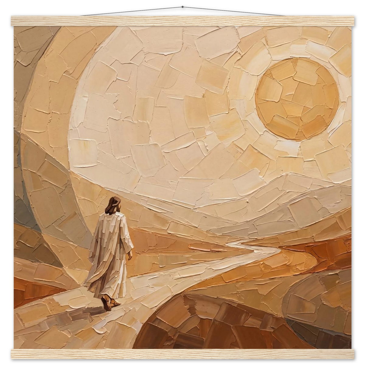 Lightfall: jesus, landscape and golden tones. Fine art poster with wooden hanger by The Light Stays.