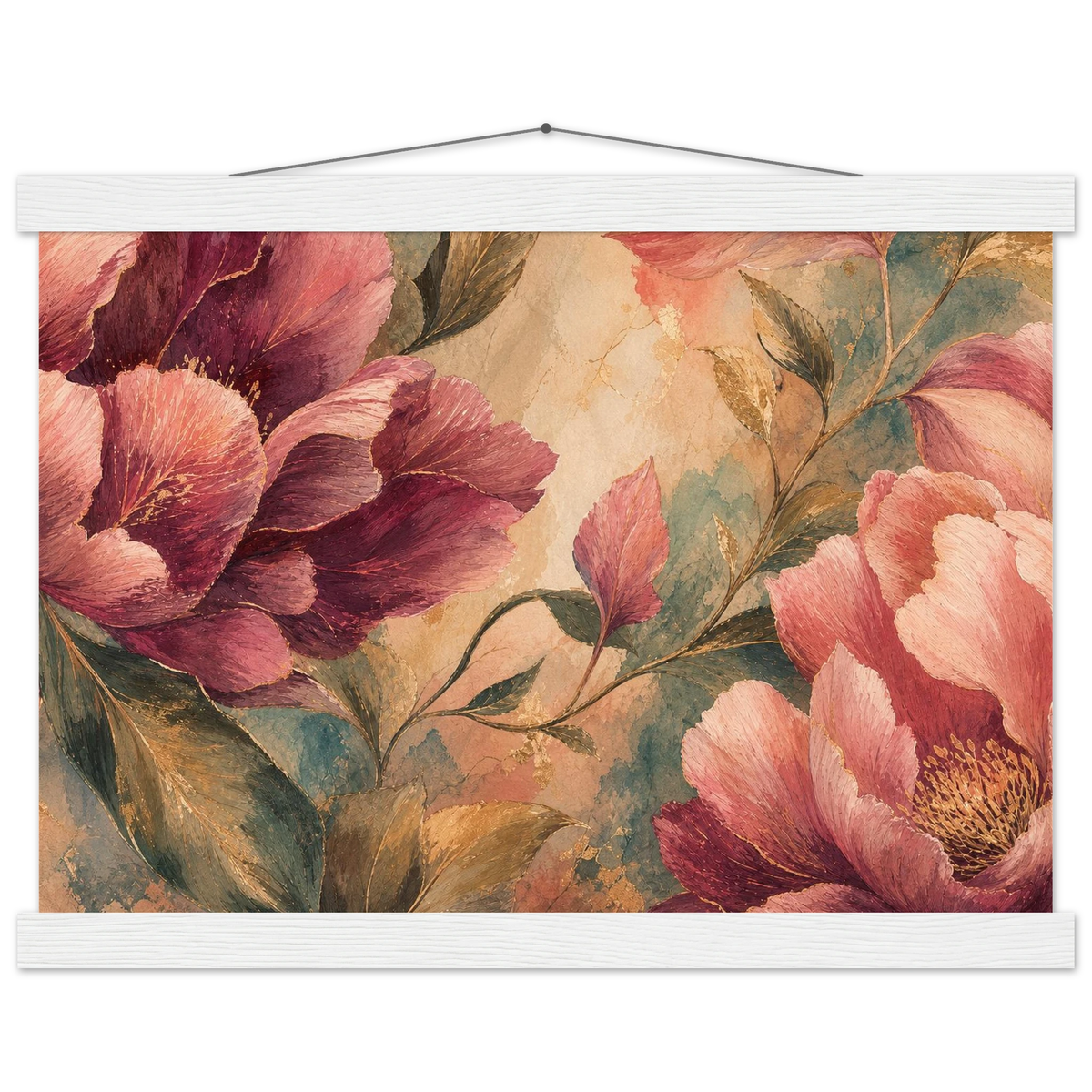 Crimson Peonies, flowers and botanical. Archival fine art poster shown framed.