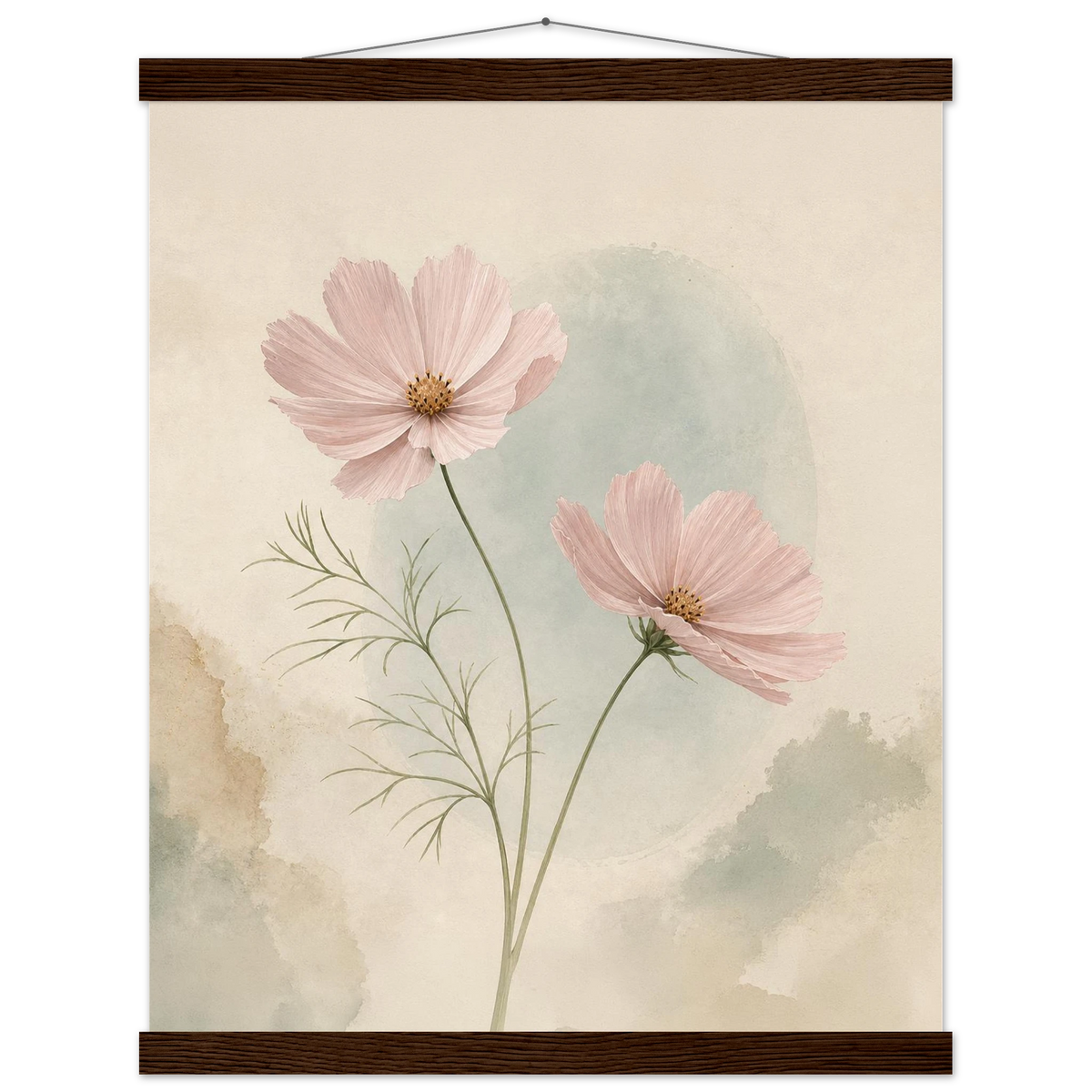 Cosmos Unison: flowers, blush and celadon. Fine art poster with wooden hanger by The Light Stays.