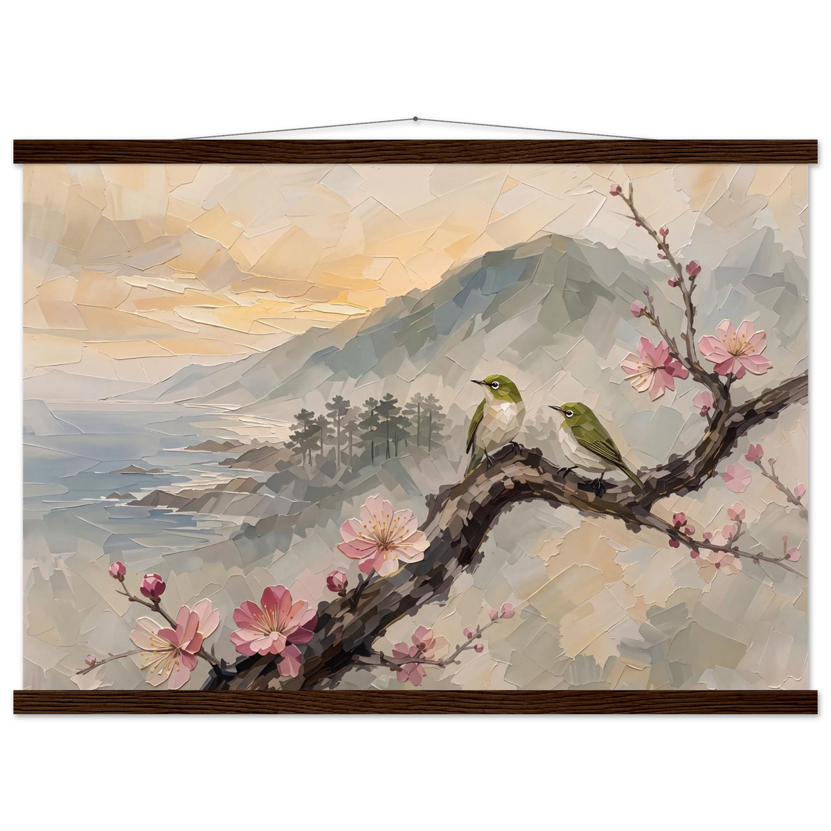 Plum Branch Pair: birds, japanese landscape and japandi. Fine art poster with wooden hanger by The Light Stays.