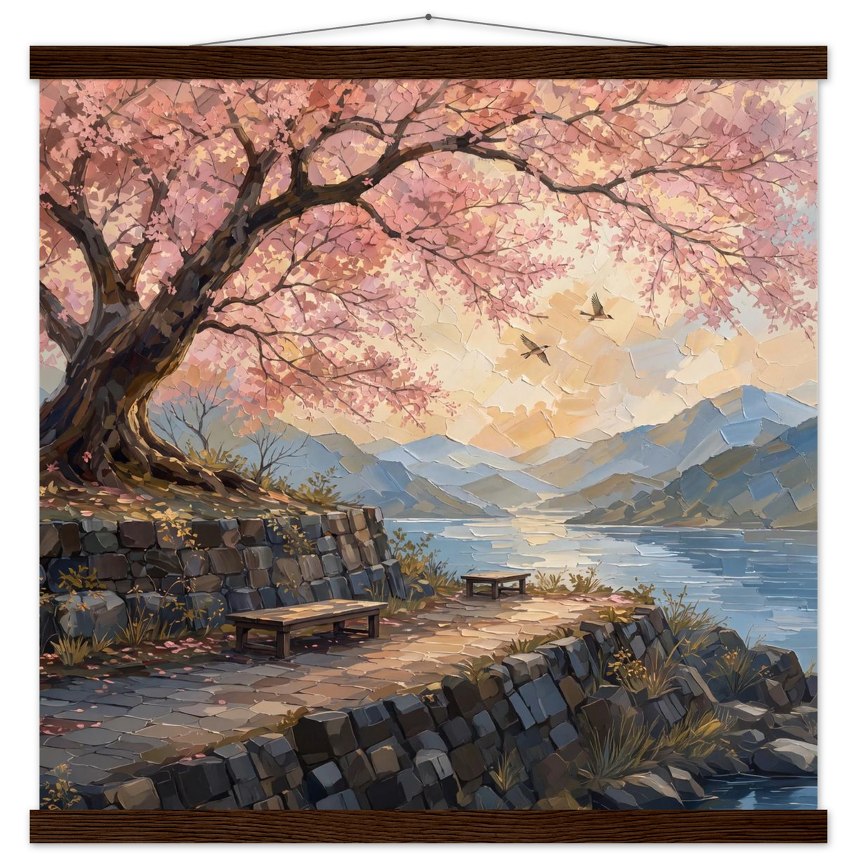 Cherry Blossom Lake: japanese art, sunset and japandi. Fine art poster with wooden hanger by The Light Stays.