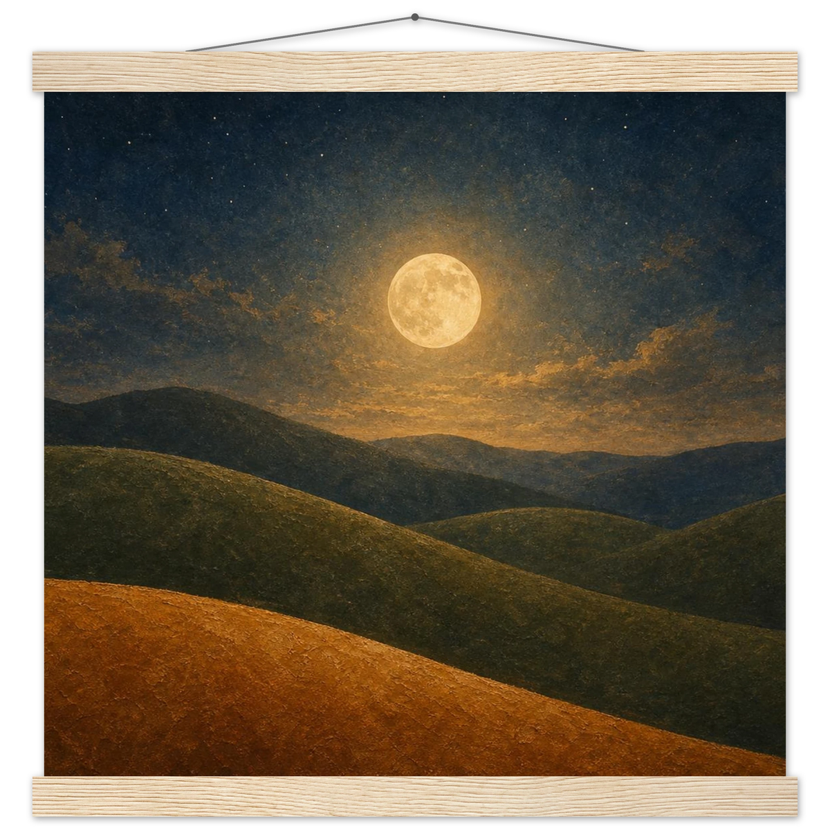 Moon Hills: night, minimalist landscape and charcoal. Fine art poster with wooden hanger by The Light Stays.