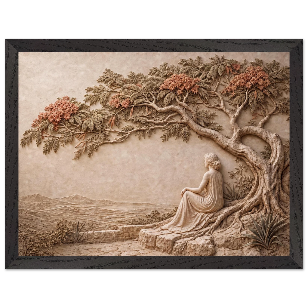 Under the Blossoms: impasto, figure and blossoming canopy. Framed fine art print by The Light Stays.