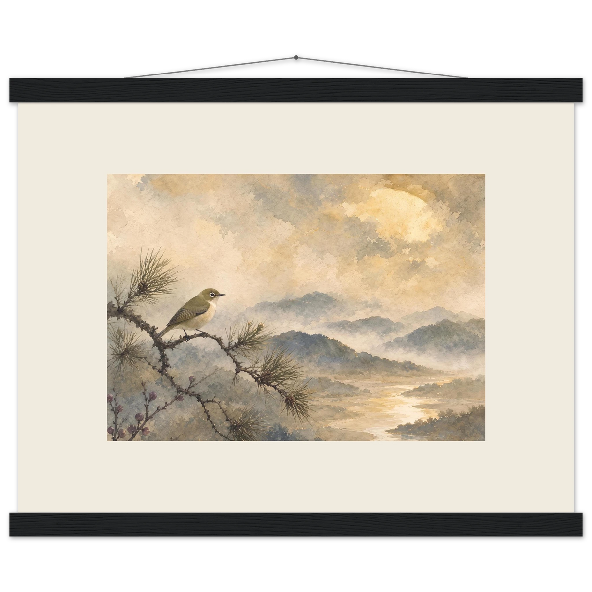 Golden Moon Bird: japanese art and japandi. Fine art poster by The Light Stays.