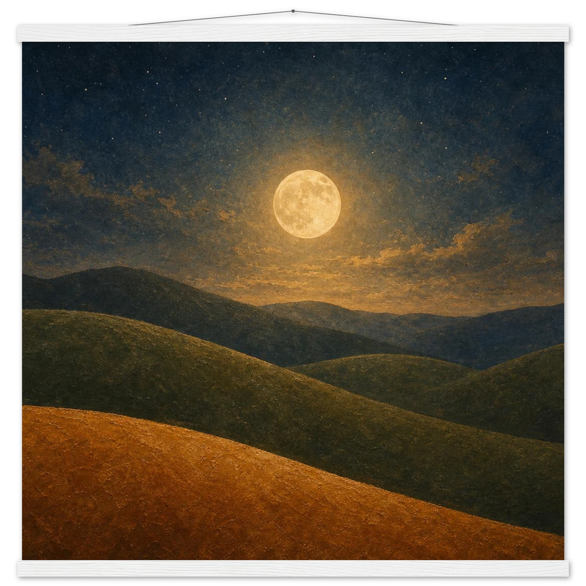 Moon Hills: night, minimalist landscape and charcoal. Fine art poster with wooden hanger by The Light Stays.