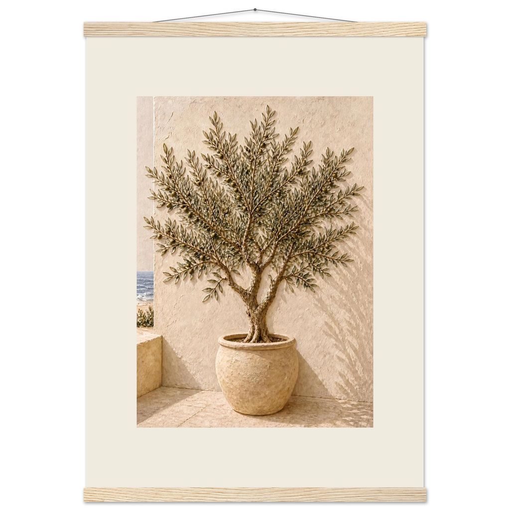 Olive Terrace, landscape and sun. Archival fine art poster shown framed.