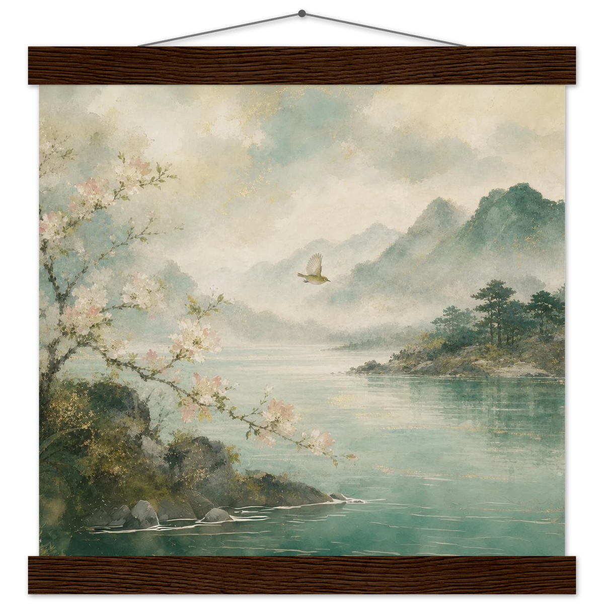 Celadon Flight: birds, japanese landscape and japandi. Fine art poster with wooden hanger by The Light Stays.