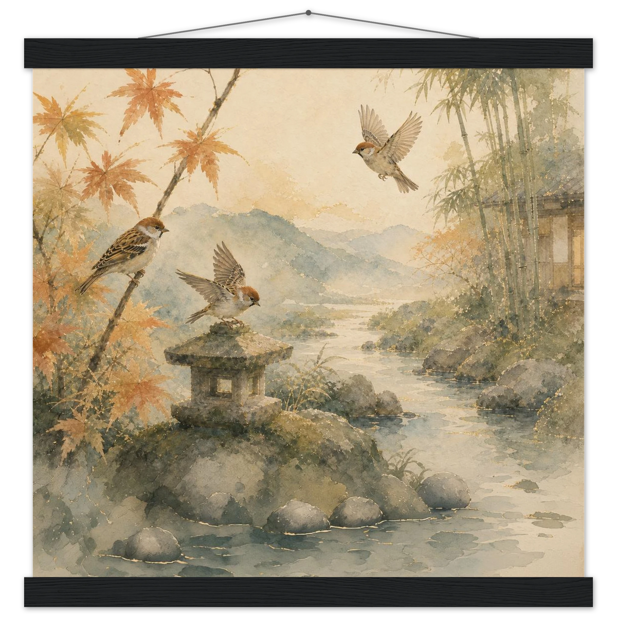 Three Birds Morning: birds, japanese landscape and japandi. Fine art poster with wooden hanger by The Light Stays.