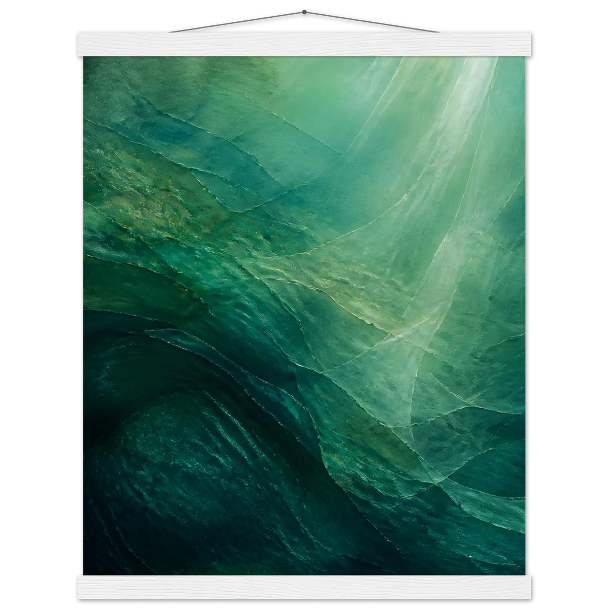 Jade Undertow: ocean, marine abstract and mineral green. Fine art poster with wooden hanger by The Light Stays.