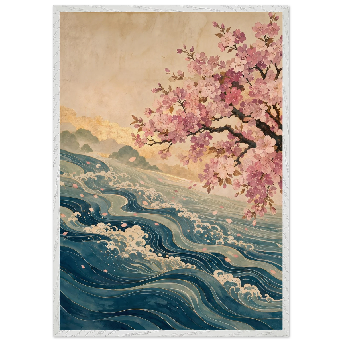 Blossom Tide, japanese art, cherry blossom and wave. Archival framed fine art print shown framed.