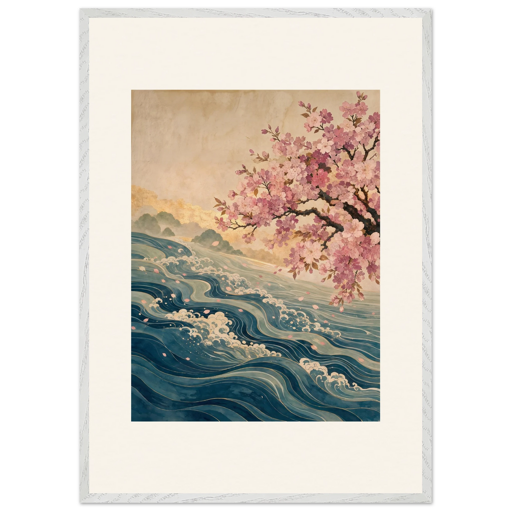 Blossom Tide, japanese art, cherry blossom and wave. Archival framed fine art print shown framed.