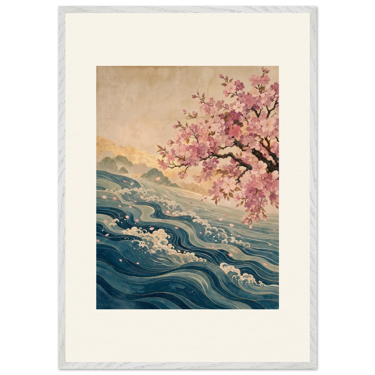 Blossom Tide, japanese art, cherry blossom and wave. Archival framed fine art print shown framed.