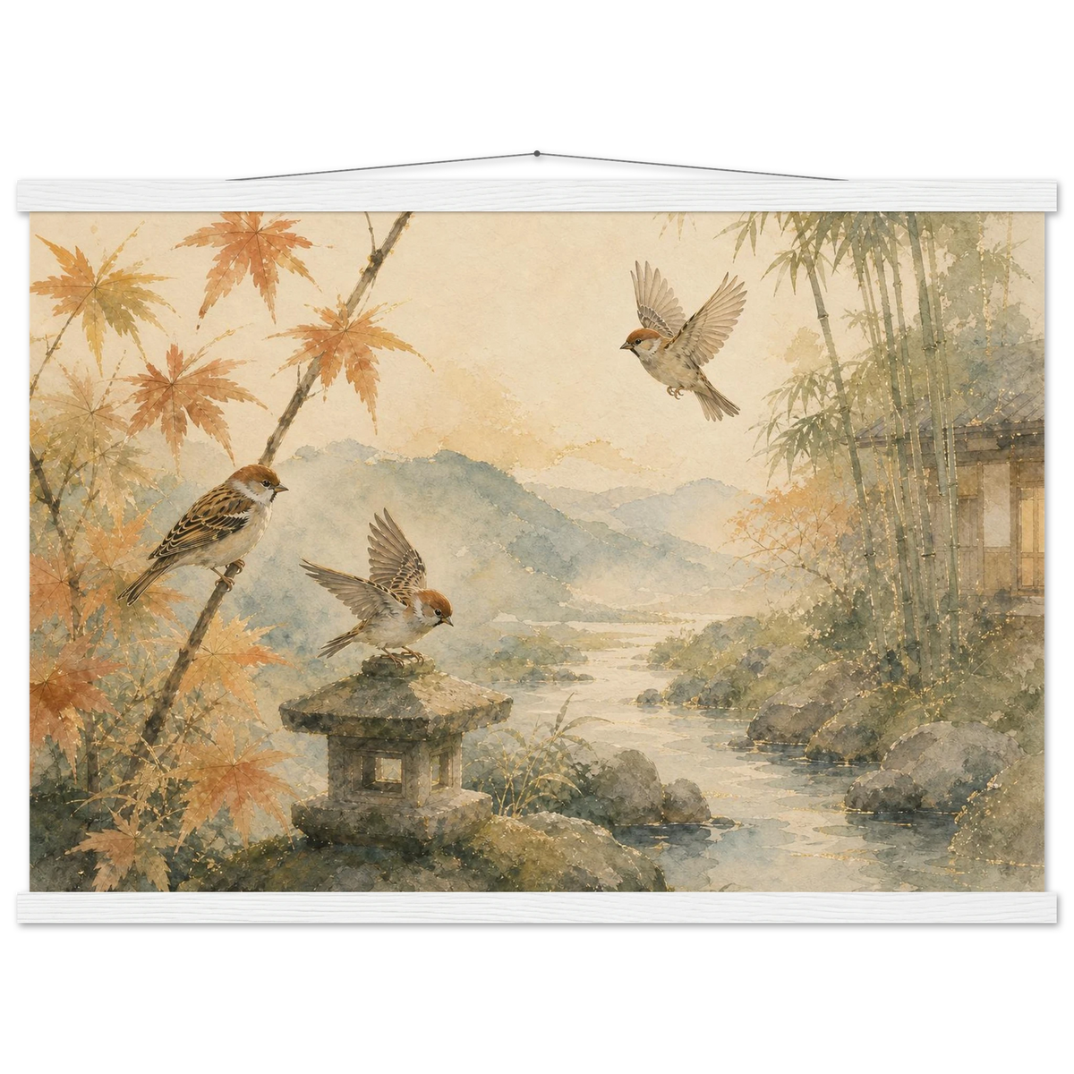 Three Birds Morning: birds, japanese landscape and japandi. Fine art poster with wooden hanger by The Light Stays.