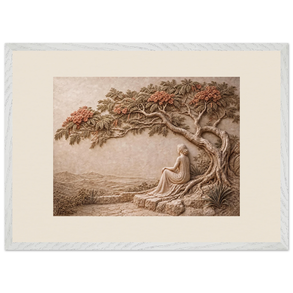 Under the Blossoms, impasto, figure and blossoming canopy. Archival framed fine art print shown framed.