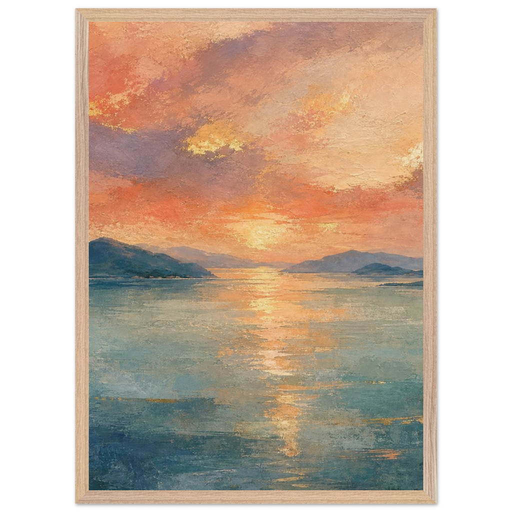 Setouchi Peach Dawn, riviera and japandi. Archival framed fine art print shown framed.
