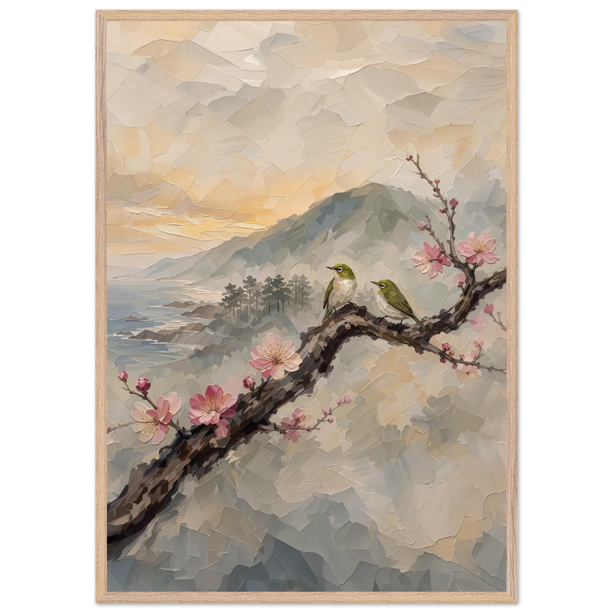 Plum Branch Pair: birds, japanese landscape and japandi. Framed fine art print by The Light Stays.