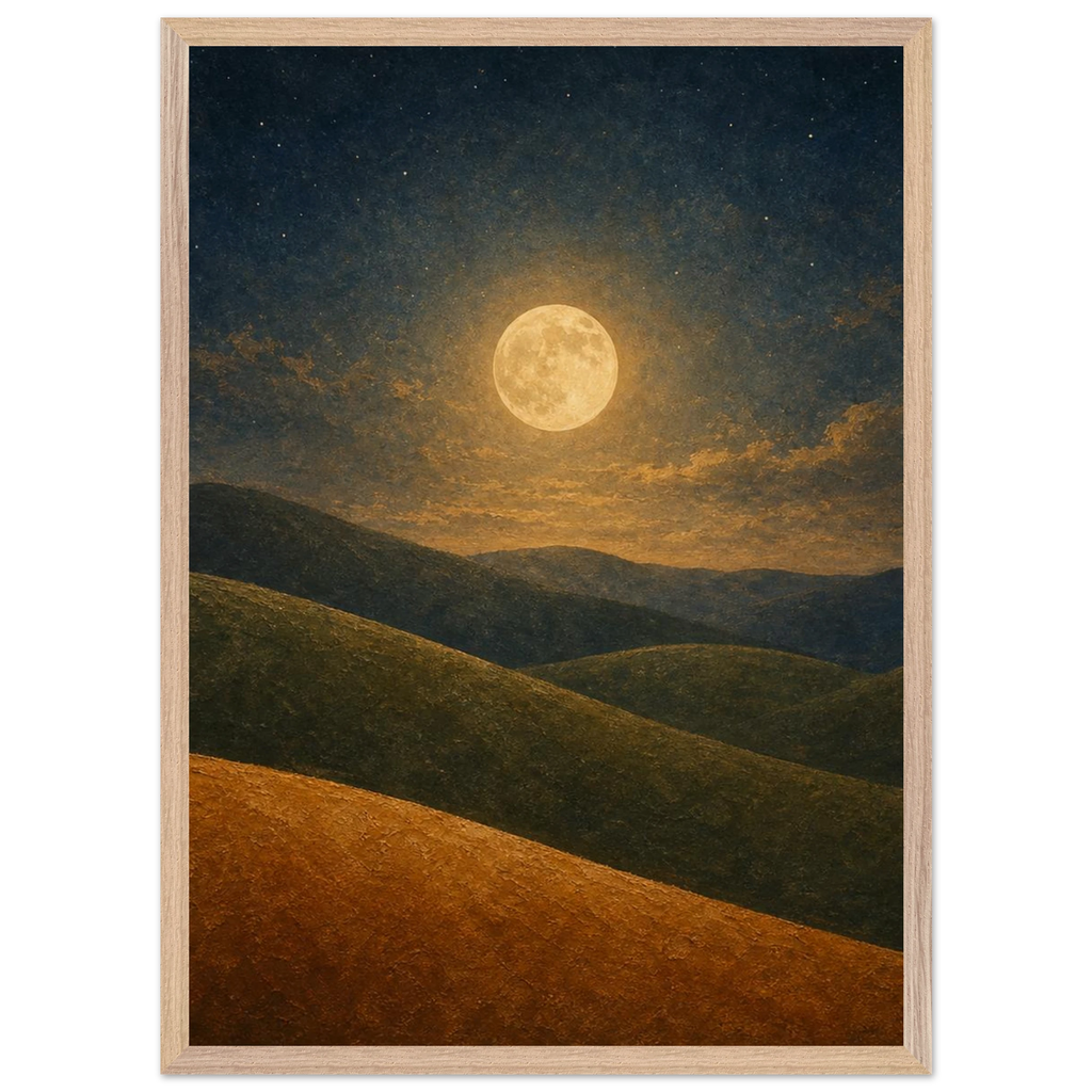 Quadro emoldurado Colinas da Lua, lua cheia sobre colinas em oliva e argila