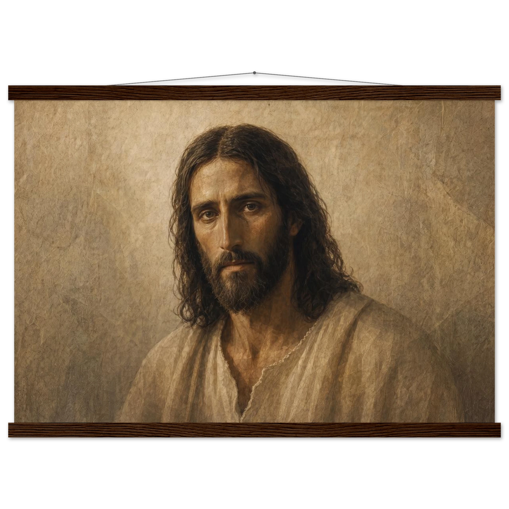 Pôster Kind Eyes com suporte de madeira, retrato sereno de Jesus em luz quente