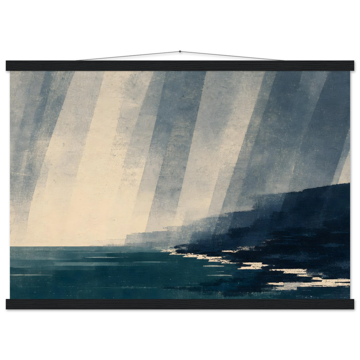 Rain Coast: japandi, teal blue and atmosphere. Fine art poster with wooden hanger by The Light Stays.