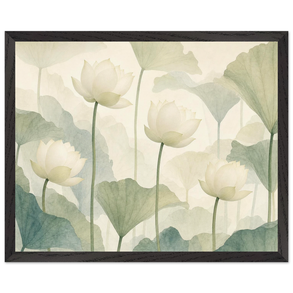Ivory Lotus Screen: flowers and botanical. Framed fine art print, alternate frame and size.