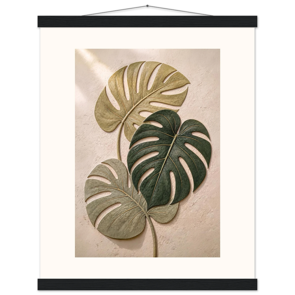 Stone Monstera, botanical and nature. Archival fine art poster shown framed.
