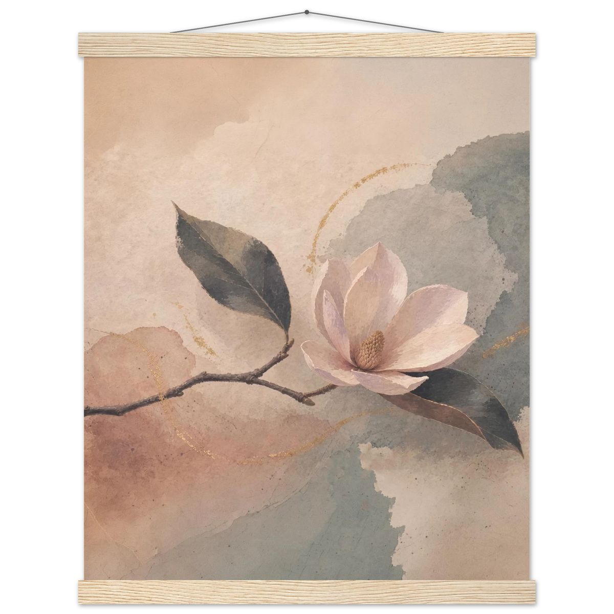 Magnolia Reverie: botanical, sage and japandi. Fine art poster with wooden hanger by The Light Stays.