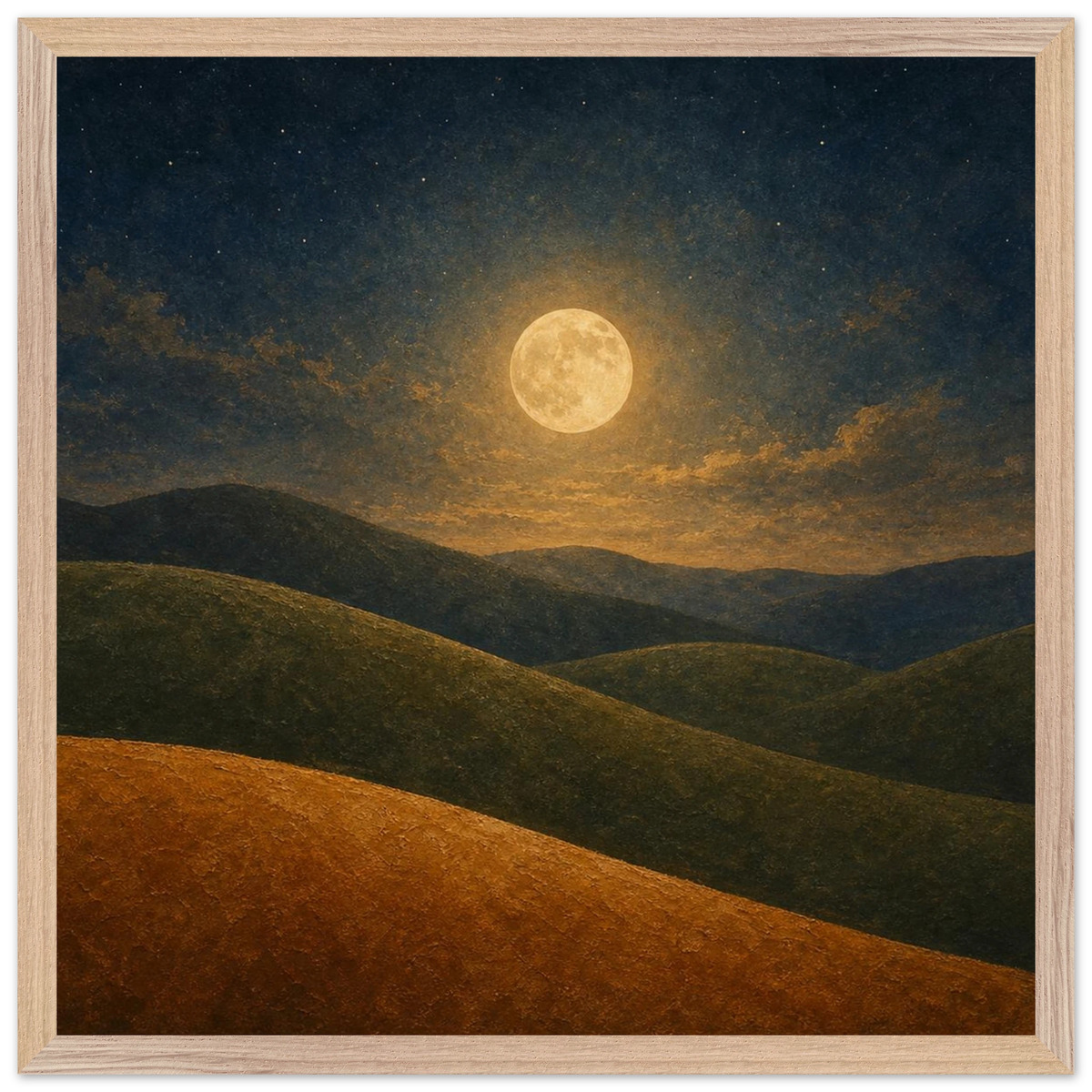 Moon Hills: night, minimalist landscape and charcoal. Framed fine art print by The Light Stays.