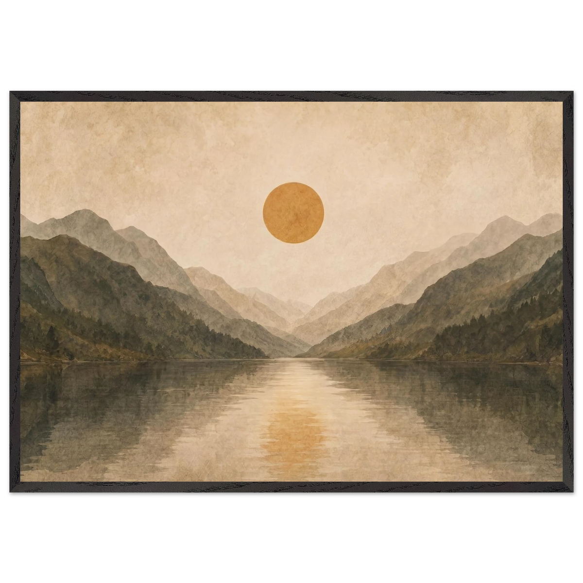 Lake Mirror: mountains, sunset and sun reflection. Framed fine art print by The Light Stays.
