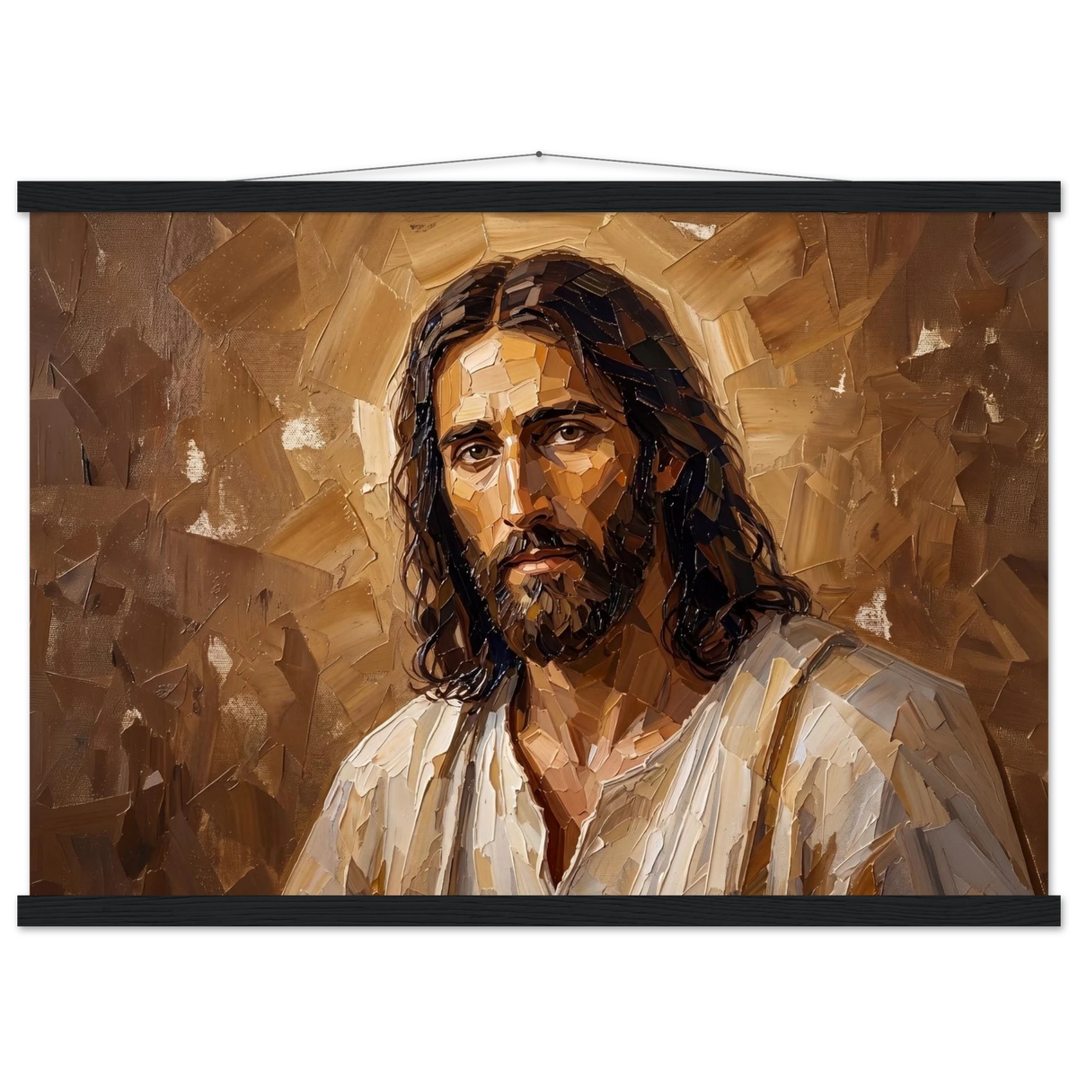 Kind Eyes: jesus, faith and serene gaze. Fine art poster with wooden hanger by The Light Stays.