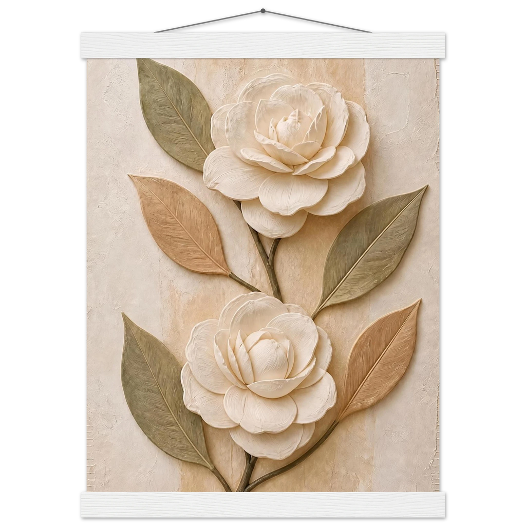 Carved Camellia: flowers and botanical. Fine art poster, alternate frame and size.