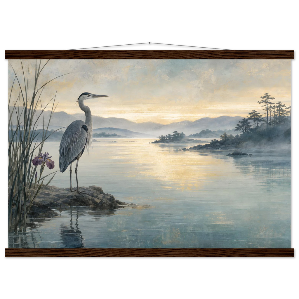 Heron at Dawn, japanese art and japandi. Archival fine art poster shown framed.
